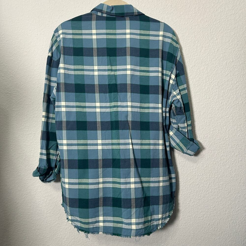Free People Loveland Plaid Shirt Blue Raw Hem Oversize Size XS Button Up Boho - Picture 4 of 13